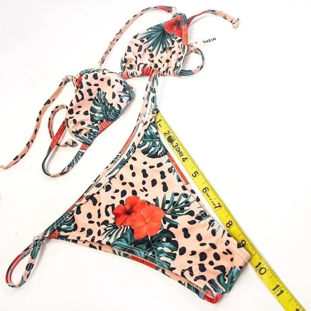 NWOT Shein Tropical Leopard Halter Bikini & Thong Bottom Sz M - Picture 11 of 11